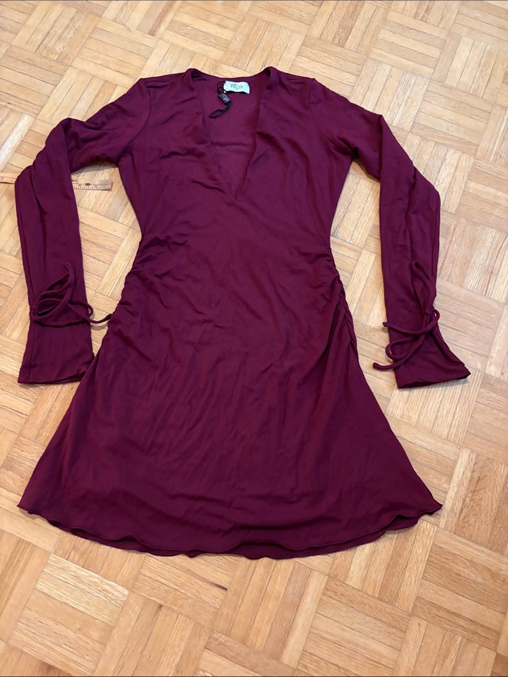 Oh Polly Wine V-Neck Long-Sleeve Tie-Side Dress NWOT